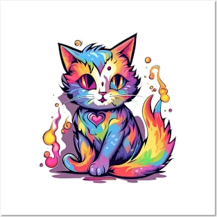 Fantasia Feline - Flaming Rainbow Cat Tee Variation 3 Posters and Art